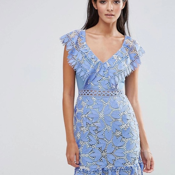 Aijek Lace Mini Dress With Lace Flutter Neckline Size  2 Blue - Picture 7 of 8